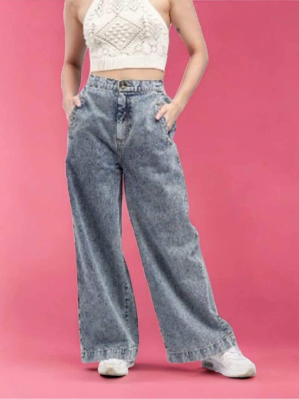 Hunter & Brown High Rise Wide Leg Baggy Blue Denim Jeans Acid Wash Cotton BNWT